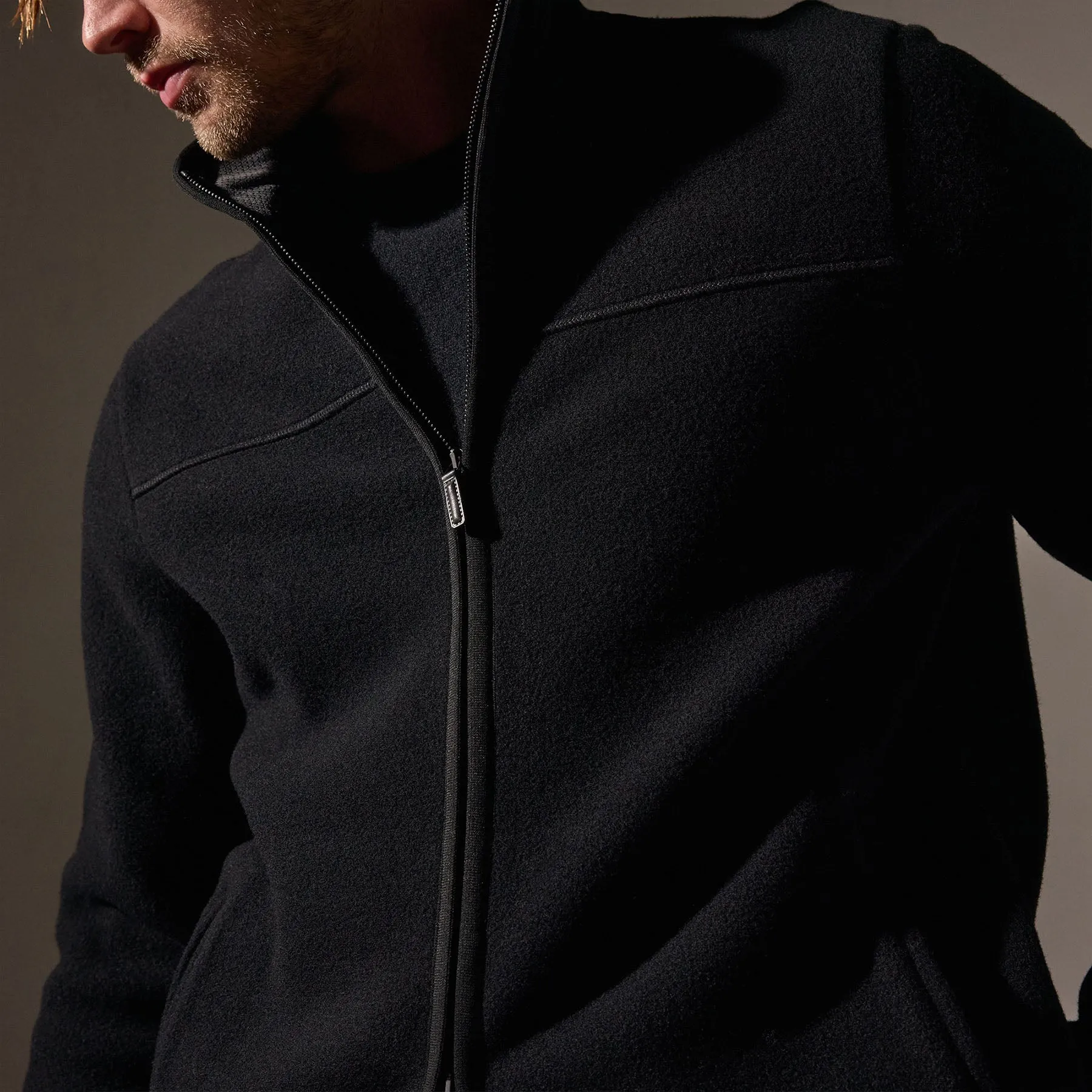 Wool Jersey Zip Front Funnel Neck - Black/Black