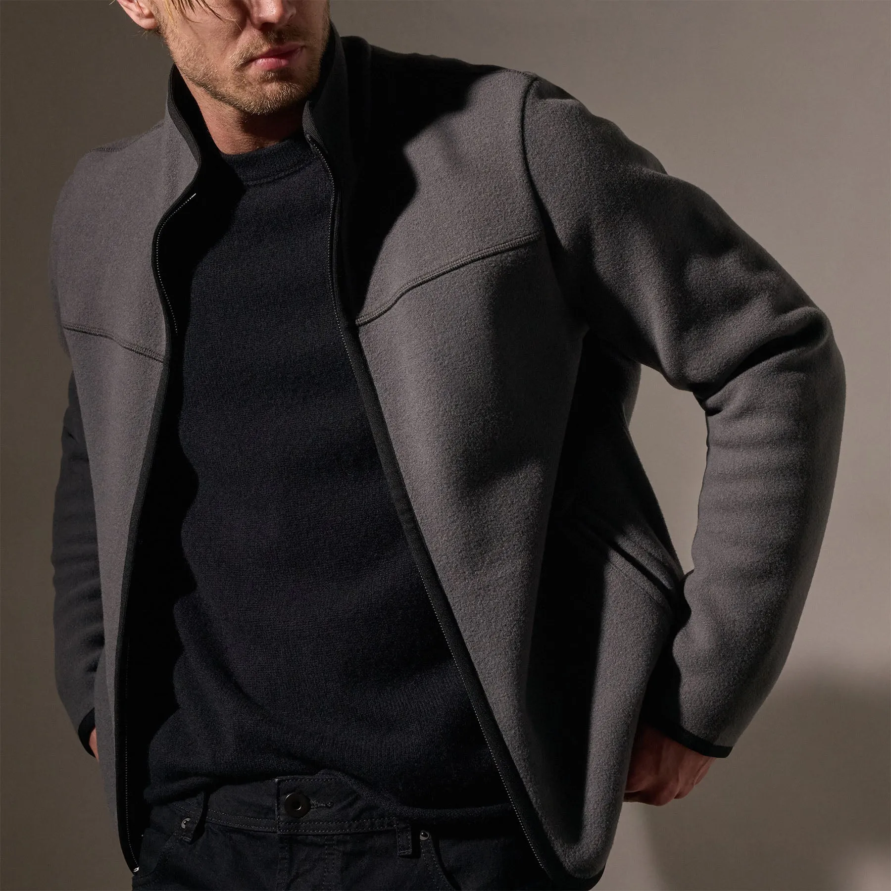 Wool Jersey Zip Front Funnel Neck - Mid Grey/Black
